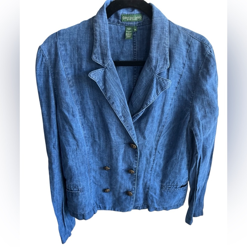 Lauren Ralph Lauren Jean Co 100% Linen Blue Double Breasted Blazer Jacket XL